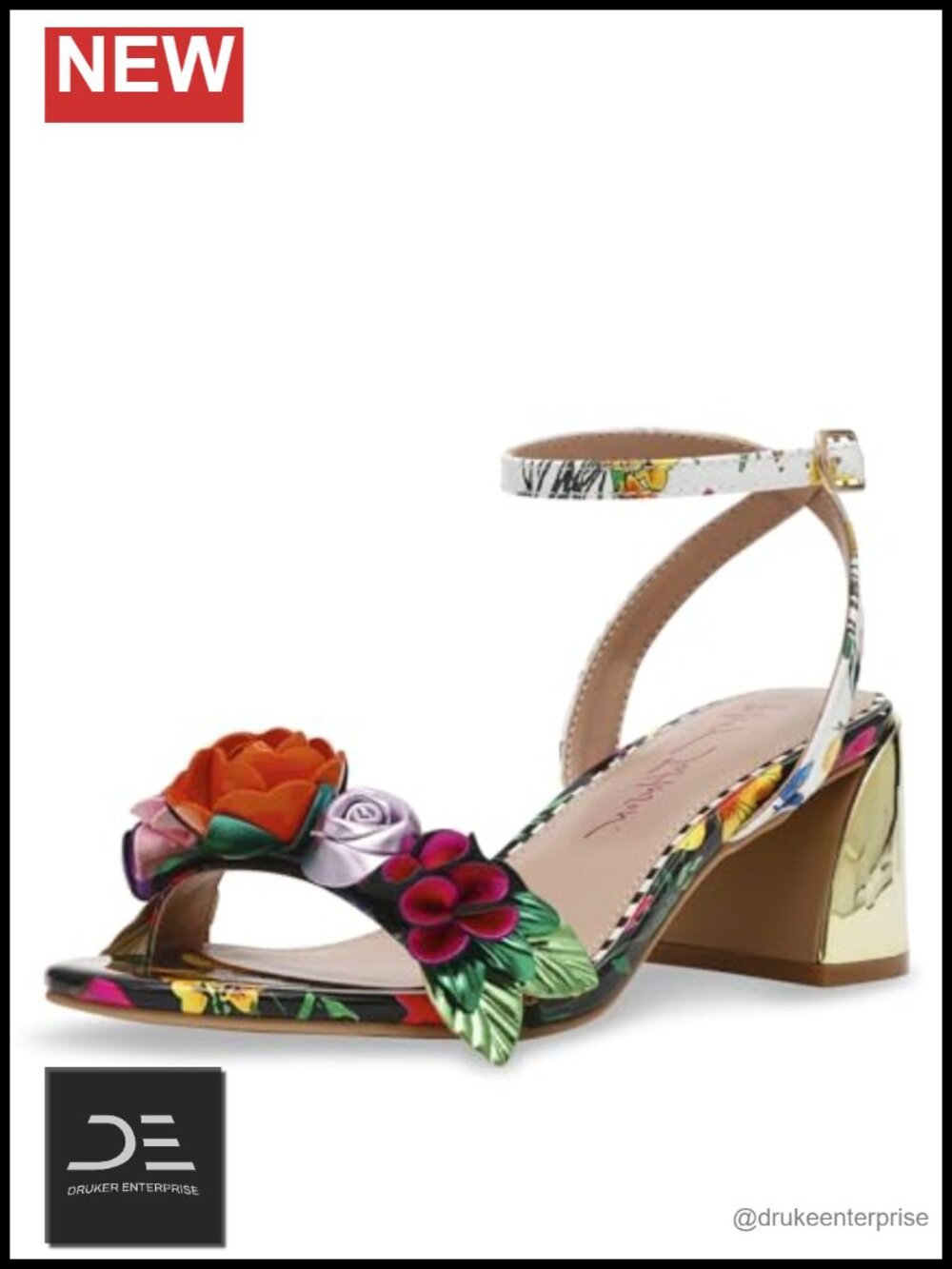 Heeled Sandals with Block Heel, Adjustable Ankle Strap, Floral Pattern, TPU